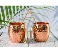 India House - Moscow Mule 16 oz Cup Set | Cocktail Cup Set | 100% Copper with Brass Handle | Copper Glasses | Party Gift (Set of 2 Hammered Mug - Brass Handle (2 Coaster, 2 Straw Free))