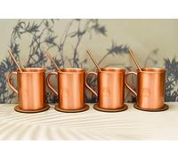 India House - Tree of Life Moscow Mule Cup Set, 16 oz | Cocktail Cup Set | Copper Glasses | Party Gift Pure Copper Plain Smooth Finishing Set of 4 Mugs with Straw and Coaster