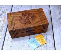 India House Wooden Tea Box Natural with 6 Compartments - Engraved Hardwood Tea Chest with 6 Compartments - Tea Storage Box Multi Functional - Wood Tea Box Organiser - 10 x 6 x 4 inches (6 section)