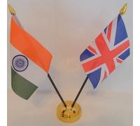 India Indian Union Jack 2 Flag Friendship Table Display With Gold Base