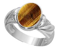 INDIA MADE 8.25 Ratti 7.00 Carat Natural Tiger Eye Silver Ring Original Certified Tiger's Eye Ring Oval Cut Gemstone Astrological Ring-27568, Silver, Created Sapphire