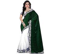 INDIA MADE Women's Green & White Embellished Embroidered Lace Border Half & Half Russell & Velvet Saree With Velvet Unstitched Blouse Piece-2434, Multicolor, One Size