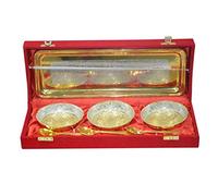Indian Accent Silver and Gold Plated Brass Bowls Set (3 Bowl: 3 Spoon: 1 Tray)