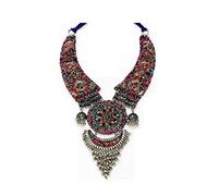 Indian Afghani Handmade Fabric Silver Oxidized Tassel Boho Beaded Embroidered Bohemian Thread Choker Necklace Jewelry, 19 cm, Metal, No Gemstone