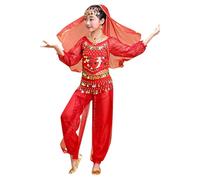 Indian Belly Dance Girl Costume for Halloween Performance Sets Glitter Package with Veil Bangle Belt Adjustable Waistband Breathable Polyester Ideal for Stage Performance (Red, 5-6 Years)