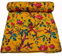 Indian Bird Print Kantha Quilt Twin Size Cotton Kantha Throw Kantha Bedspread Blanket Bed Cover Vintage Quilt Boho Kantha Quilts (Yellow)