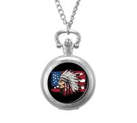 Indian Chief U.S. Flag Men's Pocket & Fob Watches Silent Ticking Quartz Alloy Chain Watch for Daily Use Silver-Style