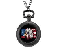 Indian Chief U.S. Flag Men's Pocket & Fob Watches Silent Ticking Quartz Alloy Chain Watch for Daily Use Black-Style