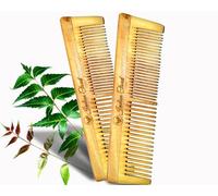 Indian Cloud Neem Wooden Lily Shampoo Comb Soaked In 17 Herbs Neem & Ayurvedic Oil For Multi-Actions Detangling Frizz Control, Shine Suited For All Hair Types Dual Tooth (Pack Of 2)
