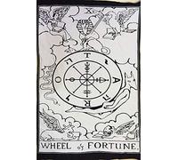 Indian Consigners Tarot Wall Tapestry - Wheel of Fortune Card Design - Black & White Cotton Banner for Esoteric Decor, Boho Wall Hanging, Spiritual Gift, Tarot Altar Cloth
