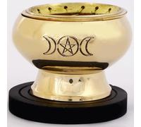 Indian Consigners Triple Moon Pentagram Brass Incense & Charcoal Burner - With Screen, Lid & Wooden Coaster - Wiccan Altar Resin Holder for Cone, Bakhoor & Charcoal Use