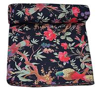 Indian Cotton Traditional Bird and Floral Print Dress Making Running Fabric by The 10 Yard (Black, 10 Yard)