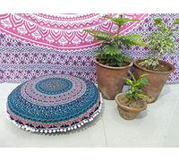 INDIAN CRAFT CASTLE 24" Brown Peacock Mandala Barmeri Large Floor Pillow Cover Cushion Meditation Seating Ottoman Throw Cover Hippie Decorative Zipped Bohemian Pouf Ottoman Pom Pom Cases 24" Round