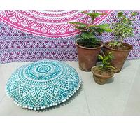INDIAN CRAFT CASTLE 24" Green Ombre Mandala Barmeri Large Floor Pillow Cover Cushion Meditation Seating Ottoman Throw Cover Hippie Decorative Zipped Bohemian Pouf Ottoman Pom Pom Cases 24" Round