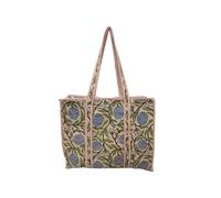 INDIAN CRAFT CASTLE Quilted Cotton Hand printed Large multicolor Tote Carry Bag, Tote Bag Women Handbag Reusable Grocery Bag, Beige & Green, 18"x16"x5.5"