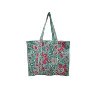INDIAN CRAFT CASTLE Quilted Cotton Hand printed Large multicolor Tote Carry Bag, Tote Bag Women Handbag Reusable Grocery Bag, Sea Green & Red, 18"x16"x5.5"