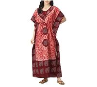 Indian Crafts Women Batik Printed Kaftan Cotton Night Suit Night Dress Long Caftan Nighty Maxi Gown Lightweight Maroon