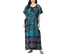 Indian Crafts Women Batik Printed Kaftan Cotton Night Suit Night Dress Long Caftan Nighty Maxi Gown Lightweight Blue