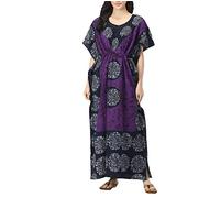 Indian Crafts Women Batik Printed Kaftan Cotton Night Suit Night Dress Long Caftan Nighty Maxi Gown Lightweight Purple