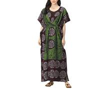Indian Crafts Women Batik Printed Kaftan Cotton Night Suit Night Dress Long Caftan Nighty Maxi Gown Lightweight Green