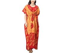 Indian Crafts Women Batik Printed Kaftan Cotton Night Suit Night Dress Long Caftan Nighty Maxi Gown Lightweight Yellow