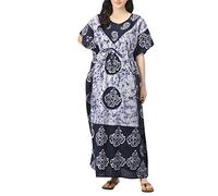Indian Crafts Women Batik Printed Kaftan Cotton Night Suit Night Dress Long Caftan Nighty Maxi Gown Lightweight White Blue