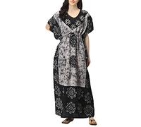Indian Crafts Women Batik Printed Kaftan Cotton Night Suit Night Dress Long Caftan Nighty Maxi Gown Lightweight White Black