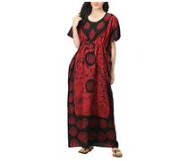 Indian Crafts Women Batik Printed Kaftan Cotton Night Suit Night Dress Long Caftan Nighty Maxi Gown Lightweight Red