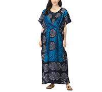 Indian Crafts Women Batik Printed Kaftan Cotton Night Suit Night Dress Long Caftan Nighty Maxi Gown Lightweight Sky Blue