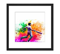 Indian Cricket Batsman Sports Colour Burst Splatter Orange Pink Painting Square Wooden Framed Wall Art Print Picture 8X8 Inch Artery8 Black One Size