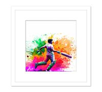 Indian Cricket Batsman Sports Colour Burst Splatter Orange Pink Painting Square Wooden Framed Wall Art Print Picture 8X8 Inch Artery8 White One Size