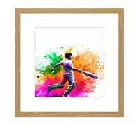 Indian Cricket Batsman Sports Colour Burst Splatter Orange Pink Painting Square Wooden Framed Wall Art Print Picture 8X8 Inch Artery8 Light Oak One Size