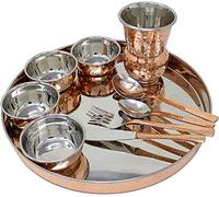 Indian dinnerware Stainless Steel Copper Traditional Dinner Set of thali Plate, Bowls, Tumbler and Spoon, Diameter 13 inch Set of 4 (01)