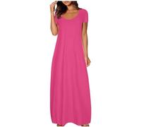 Indian Dresses for Women Casual Short Sleeve Cotton Swing Long Maxi Dress Scoop Neck Flowy Sundress with Pockets for Beach Holidays Hot Pink