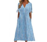 Indian Dresses for Women Holiday Essentials Ladies Summer Boho Dresses Short Sleeve Casual Beach Midi Sundress V Neck Hollow Out Eyelet Ruffle Swing a Line Flowy Vacation Dress