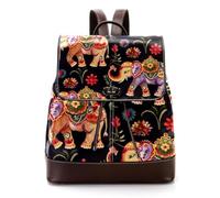 Indian Elephant Aesthetic Pattern Women Laptop Backpack, PU Leather Daypack Fashion Rucksack Travel Shoulder Bag