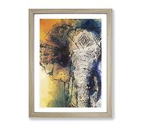 Indian Elephant In Abstract Modern Framed Print | A2 Oak Framed Wall Art | Ready to Hang | Abstract Animal Picture | Living Room Bedroom Lounge Office