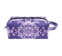 Indian Elephants and Floral Elements Purple Hanging Makeup Bag, Water - Resistant Leather Toiletry Travel Bag with Handle, Portable Cosmetic Case for Women Men Girls