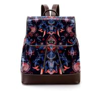 Indian Elephants and Paisleys Dark Background Women Laptop Backpack, PU Leather Daypack Fashion Rucksack Travel Shoulder Bag