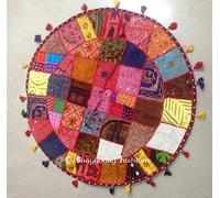 Indian Ethnic Classical Patch Work Pouf Pouffe Ottoman, Bohemian Stool Chair Pouffe, Patch Work Embroidered Pouf Cover, Cotton Handmade Printed Ottoman Pouf, Living Room Pouf, 32 Inch. By Bhagyoday