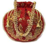 Indian Ethnic Designer Embroidered Silk Potli Bag Batwa Pearls Handle Purse Clutch Purse for Women, Peacock Maroon