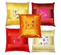 Marubhumi Indian Ethnic Hand Embroidery Decorative Silk Pillow Cushion Cover Set of 5 Pcs Size 16 X 16 Inches
