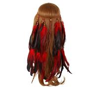Indian Feather Headband Boho Feather Tassel Hippie Headdress T ribal Vintage Headpiece Indian Festival Party Headwear Hair Accessoriess for Women and Girls for Masquerade Party Vintage (Red, One Size)