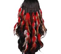 Indian Feather Headband Princess Hippie Bohemian Tassel Hair Band Head Chain Headband for Women and Girls Indian Headdress Costume Parties Headpiece PeacockFeather Fascinator Hair (Red, One Size)