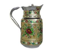 Indian Fine Stainless Steel Water Pitcher, Meenakari Decorative Jug, Table Ware, Drink Ware Home Kitchen Water Storage Vessel - 1.5 Liter Capacity (Green)
