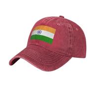 Indian Flag Print Vintage Unisex Distressed Denim Baseball Cap, Adjustable Washed Cotton Dad Hat for Golf, Red, One size