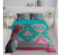 Indian Flowers Coverless Duvet Double - Country Retro Style All Season Duvet Cosy & Lightweight Quilt Washable Reversible Comforter with 1 Pillowcases 200x200cm, Blue-Green
