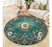 Indian Flowers Rugs Round 120 Cm Living Room Non-Slip Area Rug Round Shaggy Machine Washable Floor Carpet Short Pile Soft Exquisite Elegant Circle Rug Emerald Green For Living Rooms, Bedrooms