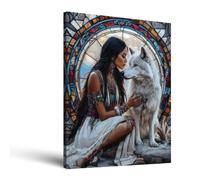 Indian Girl with White Wolf Wall Art Native American Wall Decor Pictures Indian Women Canvas Print Stained Glass Painting Frame Warrior Woman Poster Home Living Room Decoration(16x20 inches)