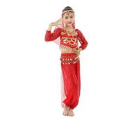 Indian Girls Dance Costume Set with Glitter Sequins Mesh Fabric for Belly Dance Performances Ideal for Children's Festivals Cultural Performances Combines Tradition Modern Style (Red, 9-10 Years)